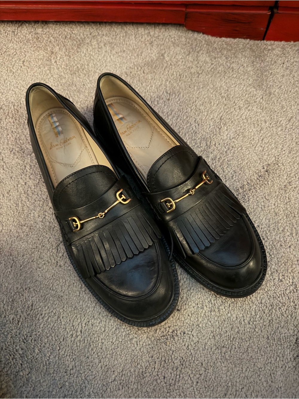 Black Leather Fringe Loafer with Gold Bit